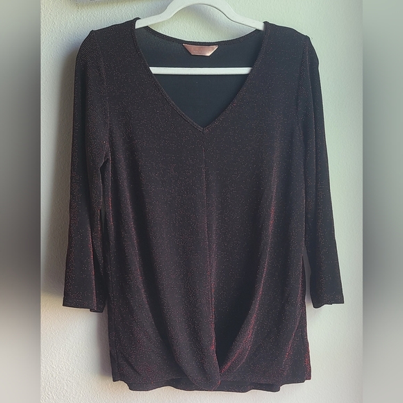 Amana - Women’s Black Red Sparkly 3/4 Sleeve Top, Sz L - Picture 1 of 6